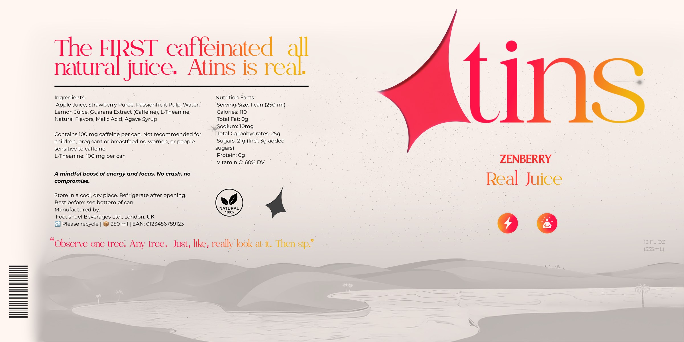Full can wrap for Atins Zenberry: a gradient red-to-amber wordmark with a star mark, an ingredient and nutrition panel, and a pale dune landscape running across the lower half.
