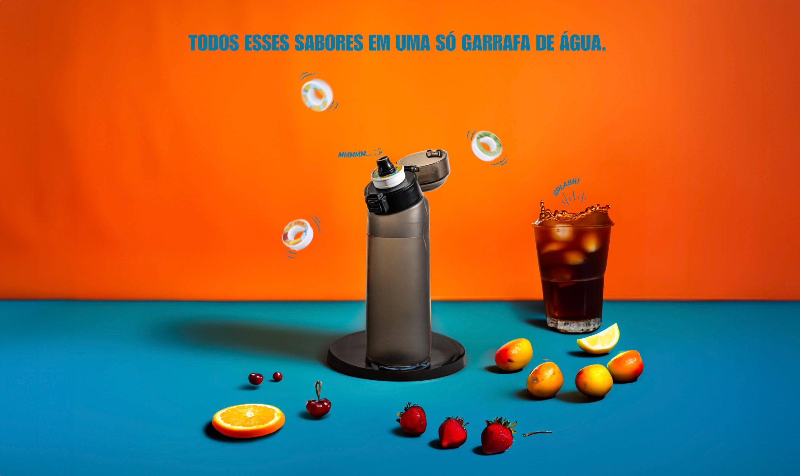GoFit campaign image: a water bottle on an orange and blue set surrounded by fruit and flavour pods, with a blue Portuguese headline reading all these flavours in a single water bottle.